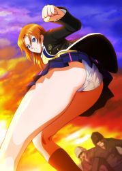 Rule 34 | angry, ass, blazer, blue eyes, clenched hand, delinquent, from below, jacket, orange hair, panties, pantyshot, plaid clothes, plaid skirt, pleated skirt, ryuukouji kai, school uniform, shopyun, skirt, socks, sunset, tokimeki memorial, tokimeki memorial 4, underwear, upskirt