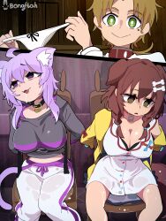 1boy 2girls :3 absurdres ahoge animal_ear_fluff animal_ears artist_name bags_under_eyes bare_legs black_collar black_hoodie blue_bow bone_hair_ornament bongfill bound bound_wrists bow bow_panties braid breasts bright_pupils brown_bow brown_hair brown_tail cat_ears cat_girl cat_tail chair cleavage collar collarbone commentary crossover dog_ears dog_girl dog_tail dress empty_eyes green_eyes hair_between_eyes hair_ornament hairclip highres holding holding_panties holding_underwear holding_unworn_clothes hololive hood hoodie inugami_korone inugami_korone_(1st_costume) jacket large_breasts long_sleeves low_twin_braids midriff mole mole_under_eye multiple_girls mushoku_tensei nekomata_okayu nekomata_okayu_(1st_costume) panties pants parted_bangs parted_lips peeing peeing_self pendant_choker purple_hair purple_tail red_collar rudeus_greyrat saliva shirt short_dress sidelocks single_off_shoulder sleeve_bow smile symbol-only_commentary tail tied_to_chair track_pants twin_braids underwear wet wet_clothes white_dress white_panties white_pants white_pupils white_shirt yellow_jacket