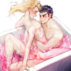 2boys anal arm_support bathtub birthmark black_hair blonde_hair blush censored full-face_blush giorno_giovanna guido_mista heart heart_censor joestar_birthmark jojo_no_kimyou_na_bouken male_focus male_penetrated multiple_boys nude penis sex smile sweat tagme tears victory_rolls yaoi zakki
