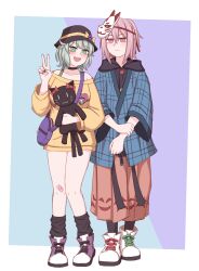 Rule 34 | 1boy, 1girl, adapted costume, bag, bandaid, bandaid on knee, bandaid on leg, bare shoulders, black choker, blue background, blush, bow, bra, breasts, choker, collarbone, fingernails, full body, genderswap, genderswap (ftm), green bra, green hair, hand up, handbag, hata no kokoro, hetero, highres, holding own wrist, hood, hoodie, kaenbyou rin, kaenbyou rin (cat), kiryuu soma, komeiji koishi, long sleeves, looking at viewer, mask, mask on head, open mouth, pink eyes, pink hair, plaid clothes, purple background, red bow, shirt, simple background, standing, star (symbol), strap, touhou, translation request, two-tone background, underwear, v, yellow bow, yellow shirt, | |