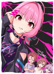 Rule 34 | 4girls, absurdres, ahoge, angry, aqua hair, aqua nails, black background, black jacket, border, brown hair, censored, censored gesture, choker, clenched teeth, closed mouth, collarbone, colored inner hair, commentary request, commission, crossed arms, fingernails, gradient nails, green eyes, hair intakes, hair ribbon, highres, hoshi syoko, idolmaster, idolmaster cinderella girls, idolmaster cinderella girls starlight stage, index finger raised, jacket, jewelry, kakki (kackie), kimura natsuki, long hair, long sleeves, looking at viewer, looking to the side, medium hair, middle finger, multicolored hair, multiple girls, nail polish, pink background, pink eyes, pink hair, pink nails, purple choker, purple eyes, purple hair, purple shirt, ribbon, ring, sharp teeth, shirt, short sleeves, skeb commission, sleeves past wrists, solo focus, spiked choker, spikes, tada riina, teeth, translation request, two-tone hair, white border, white shirt, yumemi riamu