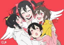 1boy 3girls black_hair brother_and_sister brown_hair highres hugging_each_other idol_clothes looking_at_another love_live! love_live!_school_idol_project multiple_girls ponytail red_background red_eyes riran_youkyu siblings simple_background sisters smile twintails wings yazawa_cocoa yazawa_cocoro yazawa_cotaro yazawa_nico