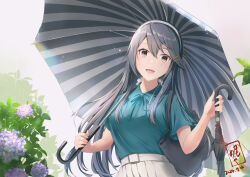 1girl black_hair breasts brown_eyes flower green_shirt hair_ornament hairband hairclip haruna_(kancolle) haruna_(rainy_season)_(kancolle) highres holding holding_umbrella hydrangea kamo_mayor kantai_collection long_hair looking_at_viewer medium_breasts official_alternate_costume open_mouth rain shirt short_sleeves skirt smile solo striped_umbrella two-tone_umbrella umbrella very_long_hair white_hairband white_skirt