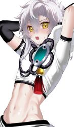 1boy arm_warmers arms_behind_head arms_up black_arm_warmers blush capelet commentary cowboy_shot crop_top cropped_shirt dragon_tale_lucias duel_monster earrings enmo_takeshita fur-trimmed_capelet fur_trim groin hair_between_eyes hair_bun hair_ornament hair_stick hakama hakama_pants highres japanese_clothes jewelry long_hair looking_at_viewer male_focus midriff navel open_mouth pants shirt short_sleeves sidelocks simple_background single_arm_warmer solo standing sweat tassel tassel_earrings toned toned_male white_background white_capelet white_hakama white_shirt yellow_eyes yu-gi-oh!