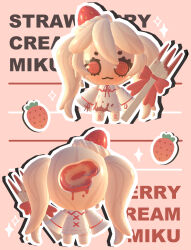 Rule 34 | 3d, absurdres, alternate costume, alternate eye color, alternate hair color, chibi, chibi only, commentary, dress, english commentary, food, food-themed hair ornament, fork, fruit, hair ornament, hatsune miku, highres, holding, holding fork, icing, lavy (lavnko), long hair, red eyes, strawberry, strawberry hair ornament, twintails, vocaloid