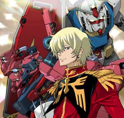 1boy absurdres blonde_hair blue_eyes char_aznable closed_mouth commentary commentary_request english_commentary epaulettes glowing glowing_eyes gundam gundam_gquuuuuux helmet highres holding holding_shield jacket looking_at_viewer mecha mecha_focus military military_uniform mixed-language_commentary mobile_suit purple_eyes red_gundam red_jacket robot rx-78-2_gundam science_fiction shield short_hair takuma_tomomasa v-fin weapon yellow_eyes zeon