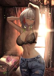 Rule 34 | 1girl, 1other, absurdres, alternate costume, arerex, armpits, arms up, black bra, blush, bra, breasts, cleavage, collarbone, curtains, denim, diabellstar the black witch, duel monster, gradient hair, green hair, hair between eyes, highres, jeans, lace, lace-trimmed bra, lace trim, large breasts, long hair, multicolored hair, navel, pants, parted lips, red hair, signature, snake-eyes poplar, stomach, underwear, white hair, yellow eyes, yu-gi-oh!