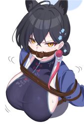 1girl bdsm blue_archive bondage bound breasts china_dress chinese_clothes dress female_focus gag gagged glaring highres kaguya_(blue_archive) large_breasts raftetram restrained scowl shibari shibari_over_clothes simple_background solo white_background