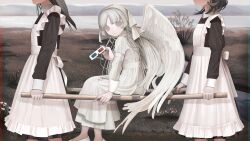 3d_glasses 3girls absurdres angel angel_wings apron black_dress black_hair dress feathered_wings field frilled_apron frills from_side grey_eyes grey_hair head_out_of_frame headscarf highres holding holding_removed_eyewear long_hair long_sleeves maid mountainous_horizon multiple_girls original outdoors sitting stretcher test_norma1 unworn_eyewear water white_apron white_dress white_wings wings