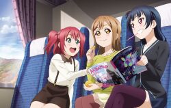 3girls aqua_eyes artbook blue_hair blue_skirt blush brown_hair brown_pantyhose crossed_legs eating food fruit green_shirt grin hair_bun highres holding indoors kunikida_hanamaru kurosawa_ruby long_hair long_sleeves love_live! love_live!_sunshine!! magazine_(object) multiple_girls non-web_source official_art open_mouth pantyhose purple_eyes purple_thighhighs red_hair shirt sitting skirt smile suspender_skirt suspenders thighhighs tsushima_yoshiko twintails two_side_up yellow_eyes