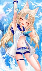 1girl absurdres aiu_. animal_ears blonde_hair closed_eyes fang fins fish_tail highres indie_virtual_youtuber long_hair multicolored_hair navel sameko_saba shorts solo streaked_hair swimsuit tail thigh_strap virtual_youtuber
