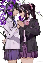 2girls absurdres ayame_en_(ouge_dz) bandaid bandaid_on_cheek bandaid_on_face black_choker black_hair black_jacket blazer blue_bow blue_bowtie blunt_bangs bow bowtie buttons chinese_commentary choker collared_jacket collared_shirt commentary_request couple cowboy_shot expressionless eye_contact face-to-face floral_background flower frilled_choker frills from_side grey_shirt gyaru hair_between_eyes hair_ornament hair_scrunchie hairclip hand_on_another&#039;s_hip heads_together highres holding_hands iris_(flower) jacket jewelry lapels layered_sleeves lips long_hair long_sleeves looking_at_another miniskirt multiple_girls nail_polish name_tag notched_lapels open_clothes open_jacket original ouge_dz parted_lips pink_bow pink_bowtie pink_lips pink_scrunchie pleated_skirt pocket pointy_nose ponytail purple_eyes purple_flower purple_hair purple_nails purple_shirt purple_skirt ring scrunchie shirt sidelocks skirt standing straight_hair striped_bow striped_bowtie striped_clothes sweater_jacket teeth very_long_hair watermark weibo_watermark white_background white_jacket yuri yuri_chie_(ouge_dz)