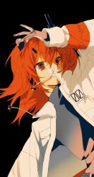 1girl a.i._voice adachi_rei arm_up black_background black_shirt commentary_request cropped flat_chest hair_between_eyes headlamp hirune_(suiminbusoku118) jacket long_sleeves looking_at_viewer medium_hair open_clothes open_jacket orange_eyes orange_hair radio_antenna revision shirt solo upper_body utau white_jacket