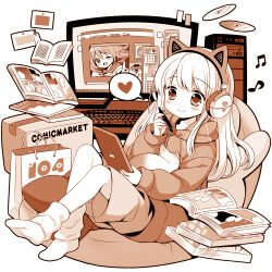1girl animal animal_ear_headphones animal_ears beamed_eighth_notes blush book bookmark box brown_theme cardboard_box cat cd closed_mouth commentary_request computer computer_tower desk drawstring eighth_note fake_animal_ears headphones heart holding holding_stylus hood hood_down hoodie computer_keyboard long_sleeves loose_socks monitor monochrome musical_note no_shoes open_book original pillow puffy_long_sleeves puffy_sleeves sakurazawa_izumi shorts simple_background sitting sleeves_past_wrists smile socks solo spoken_heart stylus tablet_pc white_background
