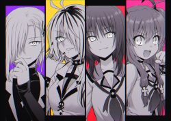 4girls :d ahoge angel_beats! antenna_hair black_choker black_nails character_request choker closed_mouth commentary eyelashes eyes_visible_through_hair fang greyscale hair_between_eyes hair_ornament hair_over_one_eye hand_up iwasawa_masami jewelry kirisaki_(angel_beats!) long_hair long_sleeves looking_at_viewer m/ monochrome multicolored_hair multiple_girls nail_polish nakamura_hinato neckerchief one_eye_covered open_mouth ring sailor_collar shinda_sekai_sensen_uniform shirt short_hair sidelocks simple_background sleeves_past_wrists smile streaked_hair upper_body v-shaped_eyebrows x_hair_ornament yui_(angel_beats!)