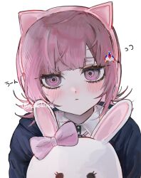 1girl :&lt; animal_ear_headphones animal_ears black_jacket black_shirt blush bow cat_ear_headphones collared_shirt danganronpa_(series) danganronpa_2:_goodbye_despair dress_shirt ear_bow fake_animal_ears flipped_hair galaga headphones highres jacket looking_at_viewer medium_hair nanami_chiaki pink_bow pink_eyes pink_hair portrait qianjian shirt simple_background solo spaceship_hair_ornament translation_request usami_(danganronpa) white_shirt