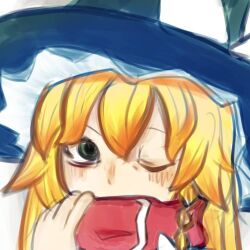 1girl bags_under_eyes black_hat blonde_hair braid cookie_(touhou) freezemo green_eyes hat kirisame_marisa long_hair looking_at_viewer mars_(cookie) one_eye_closed red_scarf scarf side_braid simple_background single_braid solo touhou upper_body white_background witch_hat