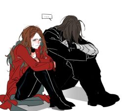 ... 1boy 1girl black_bodysuit black_boots black_gloves black_pants bodysuit boots brown_hair bucky_barnes captain_america:_civil_war captain_america_(series) closed_eyes closed_mouth coat colored_inner_hair crossed_arms crying fingerless_gloves gloves grey_hair karmaho long_hair long_sleeves marvel marvel_cinematic_universe multicolored_hair pants prosthesis prosthetic_arm red_coat sad scarlet_witch shadow short_hair simple_background single_glove sitting spoken_ellipsis wanda_maximoff wavy_hair white_background winter_soldier