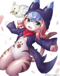 1girl :3 absurdres animal_ears animal_hands animal_nose bird bottomless breasts cat_ears cat_girl cat_tail cloak colored_sclera commentary_request felyne furry furry_female healingpit highres hood hood_up monster_hunter_(series) monster_hunter_stories_2 navel neckerchief open_mouth pawpads pear-shaped_figure petite purple_cloak red_neckerchief small_breasts smile solo tail tsukino_(monster_hunter) variant_set whiskers white_background yellow_sclera