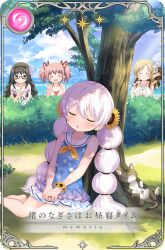4girls against_tree akemi_homura akemi_homura_(swimsuit_ver.) artist_request bare_arms bare_legs bare_shoulders barefoot beach bikini black_hair black_hairband blonde_hair blue_dress blue_sky bracelet braid breasts brown_bridal_gauntlets bush card_(medium) cat cleavage cleavage_cutout clenched_hands closed_eyes closed_mouth clothing_cutout cloud collarbone day dot_nose dress drill_hair feet_out_of_frame flower flower_bracelet frilled_dress frills game_cg gem glasses grass hair_flower hair_ornament hair_ribbon hair_spread_out hairband hand_jewel hand_on_own_cheek hand_on_own_face happy jewelry kaname_madoka kaname_madoka_(swimsuit_ver.) layered_bikini light_blush long_hair looking_at_another low_twin_braids magia_record:_mahou_shoujo_madoka_magica_gaiden mahou_shoujo_madoka_magica mahou_shoujo_madoka_magica:_hangyaku_no_monogatari mahou_shoujo_madoka_magica_(anime) momoe_nagisa momoe_nagisa_(swimsuit_costume) multiple_girls neckerchief necklace ocean official_art open_mouth outdoors picture_frame pink_bikini pink_hair purple_bikini purple_eyes purple_flower purple_gemstone purple_rose red-framed_eyewear red_ribbon ribbon ring rose sailor_collar sailor_dress shade short_hair short_twintails side_ponytail sky sleeping sleeveless sleeveless_dress smile star_(symbol) stomach summer sunflower sunlight swimsuit tomoe_mami tomoe_mami_(swimsuit_ver.) translated tree twin_braids twintails upper_body very_long_hair white_bikini white_hair white_sailor_collar yellow_flower yellow_neckerchief