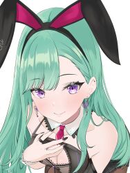Rule 34 | 1girl, absurdres, animal ear hairband, animal ears, bare shoulders, black nails, breasts, cleavage, detached sleeves, ear piercing, earrings, fake animal ears, from above, green hair, hairband, heart, heart earrings, highres, jewelry, leaning forward, long hair, looking at viewer, mea mememea, mole, mole on breast, piercing, purple eyes, rabbit ears, ring, simple background, solo, swept bangs, virtual youtuber, vspo!, white background, wrist cuffs, yakumo beni, yakumo beni (2nd costume)