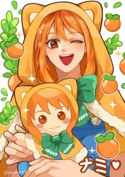 Rule 34 | 1girl, alynomali, animal ears, animal hood, blush, blush stickers, bow, bowtie, brown eyes, capelet, cat ears, cat hood, character doll, character name, commentary, doll, english commentary, food, fruit, fur-trimmed capelet, fur trim, green bow, green bowtie, heart, highres, holding, holding doll, hood, horns, long hair, looking at viewer, mandarin orange, nami (one piece), one eye closed, one piece, open mouth, orange hair, smile, solo, sparkle, straight-on, teeth, twitter username, upper body, upper teeth only, yellow capelet, yellow horns