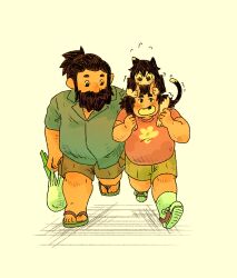 1boy 2girls beard belly black_hair brown_hair cat_girl collared_shirt cutystuffy deformed dungeon_meshi dwarf facial_hair fat fat_man flying_sweatdrops highres horns inutade izutsumi long_beard monster_girl multiple_girls mustache official_alternate_costume oni senshi_(dungeon_meshi) shirt shorts side-by-side skin-covered_horns slippers socks thick_mustache walking