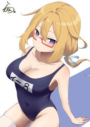 Rule 34 | 1girl, absurdres, ahoge, blonde hair, blue eyes, blush, breasts, covered navel, glasses, hair ribbon, highres, i-8 (kancolle), kantai collection, lanthan, large breasts, long hair, looking at viewer, low twintails, one-piece swimsuit, red-framed eyewear, ribbon, school swimsuit, signature, smile, solo, swimsuit, thighhighs, twintails, white thighhighs