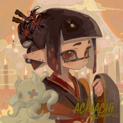 1girl artist_name black_hair black_kimono blunt_bangs closed_mouth commentary commission cyrenaci earrings english_commentary expressionless flower hair_bun hair_flower hair_ornament hair_stick hand_up hoop_earrings inkling inkling_girl inkling_player_character japanese_clothes jewelry kimono long_pointy_ears long_sleeves mole mole_under_eye multicolored_hair multiple_earrings nintendo pointy_ears red_eyes red_hair sample_watermark short_hair single_hair_bun sleeves_past_wrists solo spider_lily splatoon_(series) stud_earrings tentacle_hair upper_body watermark wide_sleeves