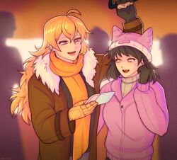 Rule 34 | 2girls, absurdres, ahoge, black gloves, blake belladonna, blush, brown jacket, fingerless gloves, gloves, hair between eyes, highres, holding, holding phone, jacket, long hair, long sleeves, mechanical arms, multiple girls, open mouth, orange scarf, partially fingerless gloves, phone, pink jacket, purple eyes, rwby, scarf, selfie, shirt, short hair, single mechanical arm, upper body, white shirt, yang xiao long, yellow eyes, yellow nicky, yuri