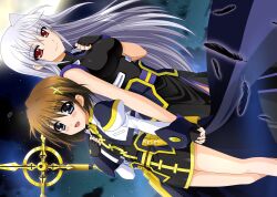 Rule 34 | 2girls, blue eyes, blush, brown hair, celtic cross, closed mouth, commentary, cross, dress, feathers, feet out of frame, fingerless gloves, full moon, gloves, grey hair, hair ornament, hat, higa yukari, highres, holding, holding hands, jacket, long hair, lyrical nanoha, mahou shoujo lyrical nanoha, mahou shoujo lyrical nanoha a&#039;s, mahou shoujo lyrical nanoha the movie 2nd a&#039;s, moon, multiple girls, night, night sky, open mouth, red eyes, reinforce, schwertkreuz, short hair, single hair intake, skirt, sky, smile, staff, standing, star (sky), starry sky, symbol-only commentary, unworn hat, unworn headwear, x hair ornament, yagami hayate, yuri