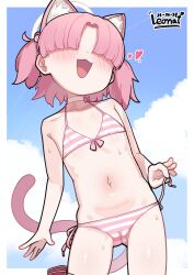 1girl :3 absurdres animal_ears artist_name bikini blue_archive bow bow_choker cameltoe cat_ears cat_girl cat_tail chlorella_observation_club_member_(blue_archive) chlorella_observation_club_member_(swimsuit)_(blue_archive) choker commentary_request cowboy_shot dated extra_ears faceless faceless_female flat_chest hair_over_eyes highres leonat navel open_mouth paid_reward_available pink_bikini pink_bow pink_hair short_hair side-tie_bikini_bottom signature solo striped_bikini striped_clothes swimsuit tail two_side_up white_choker