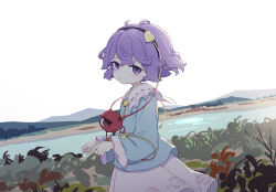 1girl absurdres black_hairband blue_shirt blush collared_shirt commentary contrast_collar cowboy_shot day frilled_shirt_collar frilled_sleeves frills hair_ornament hairband heart heart_hair_ornament highres kame_(kamepan44231) komeiji_satori long_sleeves looking_at_viewer mountainous_horizon outdoors pink_skirt purple_eyes purple_hair ribbon-trimmed_collar ribbon_trim shirt short_hair skirt sky solo third_eye touhou wide_sleeves