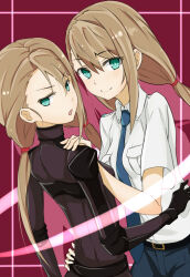 Rule 34 | 2girls, aged up, belt, belt buckle, between breasts, black belt, blue necktie, bodysuit, breasts, brown hair, buckle, coco3186, collar tabs, collared shirt, dual persona, dutch angle, gloves, green eyes, hair between eyes, hair tie, hands on another&#039;s shoulders, jaxa, latex, latex bodysuit, latex gloves, leather belt, long hair, long sleeves, looking at viewer, multiple girls, narrowed eyes, necktie, necktie between breasts, red background, robotics;notes, shirt, short sleeves, skin tight, small breasts, smile, steins;gate, tennouji nae, tennouji nae (robotics;notes), v-shaped eyebrows, white shirt