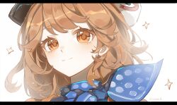 1girl absurdres artist_name black_border blue_scarf border brown_hair chinese_commentary closed_mouth comet_xing commentary_request eyelashes happy hat highres letterboxed light_blush light_particles long_hair newsboy_cap orange_eyes polka_dot polka_dot_scrunchie red_shirt regulus_(reverse:1999) reverse:1999 scarf scrunchie shirt simple_background smile solo sparkle upper_body white_background white_hat
