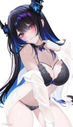 1girl 707arisu asymmetrical_horns black_bra black_hair black_panties blue_bow blue_hair bow bow_bra bow_panties bra breasts cleavage collared_shirt colored_inner_hair crystal_horns demon_horns flower hair_ornament highres hololive hololive_english horn_flower horns lace lace-trimmed_bra lace-trimmed_panties lace_trim large_breasts lingerie long_hair looking_at_viewer mole mole_under_eye multicolored_hair nerissa_ravencroft off_shoulder open_clothes open_shirt panties red_eyes shirt smile solo two-tone_hair underwear uneven_horns very_long_hair virtual_youtuber white_shirt