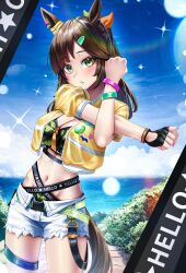 1girl absurdres animal_ears belt bikini black_gloves blue_sky blush breasts brown_hair cleavage clenched_hands cloud commentary cowboy_shot cropped_jacket day diagonal_bangs ear_ornament freckles gloves green_belt green_bikini green_eyes groin hair_ornament hair_ribbon highres horse_ears horse_girl horse_tail ines_fujin_(hello_hello_island)_(umamusume) ines_fujin_(umamusume) jacket large_breasts long_hair looking_at_viewer manjo_(warito) midriff multi-strapped_bikini_bottom navel ocean official_alternate_costume official_alternate_hairstyle open_clothes open_jacket outdoors parted_lips pink_nails ponytail ribbon see-through_clothes see-through_jacket shorts sidelocks single_glove sky solo standing stretching sweat swept_bangs swimsuit tail umamusume variant_set white_shorts wristband yellow_jacket zipper