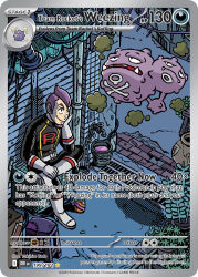 1boy artist_name belt black_shirt boots bucket can card_(medium) chain character_name closed_mouth company_name copyright_name copyright_notice drainpipe drink_can elbow_gloves english_text facial_hair fangs faucet floating full_body gas gen_1_pokemon gloves grey_belt grey_boots grey_gloves head_rest koffing long_sleeves multiple_heads nintendo official_art open_mouth petrel_(pokemon) plant pokemon pokemon_(creature) pokemon_card pokemon_hgss pokemon_tcg potted_plant purple_hair shirt short_hair sitting skull_and_crossbones smile stool tada_yukihiro team_rocket team_rocket_uniform teeth third-party_source trading_card weezing