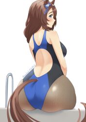 1girl animal_ears ass back backless_swimsuit blue_eyes blush breasts brown_hair competition_swimsuit flower from_behind hair_flower hair_ornament hair_over_shoulder horse_ears horse_girl horse_tail huge_ass looking_back medium_breasts oekakikamui one-piece_swimsuit pantyhose pantyhose_under_swimsuit sitting smile solo super_creek_(umamusume) swimsuit tail umamusume white_background wide_hips