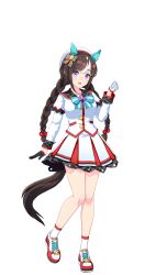 Rule 34 | 1girl, :d, animal ears, ankle socks, arm at side, asymmetrical gloves, bad link, beret, black gloves, black sailor collar, blazer, blue bow, blue bowtie, blunt bangs, bow, bowtie, braid, breasts, brown hair, buttons, clenched hand, collarbone, ear covers, full body, game model, gloves, hair bobbles, hair bow, hair ornament, hair ribbon, half gloves, hand up, hands up, hat, highres, hokko tarumae (umamusume), horse ears, horse girl, horse tail, jacket, legs, long braid, long hair, looking at viewer, medium breasts, miniskirt, mismatched gloves, multicolored hair, official art, open mouth, orange bow, plaid clothes, plaid sailor collar, pleated skirt, purple eyes, ribbon, sailor collar, school uniform, shoes, short sleeves, sidelocks, skirt, sleeve cuffs, smile, sneakers, socks, solo, standing, star (symbol), star hair ornament, streaked hair, striped bow, tachi-e, tail, teeth, transparent background, twin braids, two-tone hair, umamusume, upper teeth only, very long hair, white bow, white bowtie, white gloves, white hair, white hat, white jacket, white shoes, white skirt, white socks, wide sleeves
