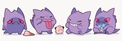 :&gt; black_eyes blue_flower blush cleffa closed_eyes colored_sclera creatures_(company) facing_another flower food fuwaffy game_freak gen_1_pokemon gen_2_pokemon gengar grin highres holding holding_flower ice_cream long_tongue looking_at_another multiple_views nintendo no_humans pokemon pokemon_(creature) red_sclera sad sitting smile standing teeth tongue tongue_out
