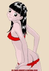 00s 1girl 2006 ass black_hair blush bra brown_eyes butt_crack dated from_behind hayashibara_hikari long_hair panties panty_pull red_bra red_panties smile standing underwear undressing