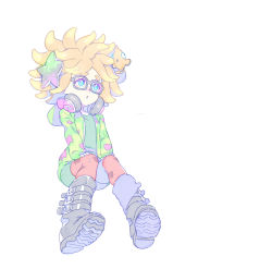 1girl :o animal animal_print annie_(splatoon) belt black_boots blonde_hair blue_eyes blush boots chestnut_mouth clownfish colored_eyelashes enkyo_yuuichirou female_focus fish full_body gradient_hair green_shirt hair_ornament headphones headphones_around_neck hood hood_down hooded_jacket jacket long_sleeves looking_up moe_(splatoon) multicolored_hair nintendo open_clothes open_jacket open_mouth orange_hair orange_pantyhose pantyhose shirt short_hair silver_background simple_background sitting sleeves_past_wrists solo splatoon_(series) splatoon_1 squid squid_print star_(symbol) star_hair_ornament starfish tentacle_hair