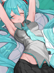 Rule 34 | 1girl, aqua hair, aqua necktie, armpits, artist name, bare shoulders, black skirt, breasts, closed eyes, commentary, grey shirt, groin, hatsune miku, highres, kanimiso uni, long hair, lying, necktie, no panties, on back, pleated skirt, shirt, skirt, sleepy, sleeveless, sleeveless shirt, solo, twintails, vocaloid