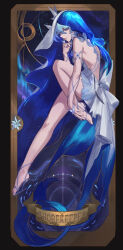 1girl absurdres armlet bare_legs blue_hair blue_nails blue_veil character_name closed_mouth colored_eyelashes commentary dress feet from_side full_body hand_up heel-less_heels highres jewelry legs long_hair looking_down nail_polish purple_eyes shorekeeper_(wuthering_waves) sleeveless sleeveless_dress solo steve_zheng toes two-tone_veil veil white_dress white_veil wuthering_waves