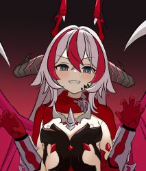 Rule 34 | 1girl, absurdres, black corset, breasts, commentary request, coralie 6626 planck, corset, dragon girl, dragon horns, dragon wings, elbow gloves, gloves, gradient background, grin, highres, honkai (series), honkai impact 3rd, horns, long hair, looking at viewer, multicolored hair, ng1sh8, red gloves, red hair, scales, shrug (clothing), small breasts, smile, solo, teeth, two-tone hair, very long hair, white hair, wings