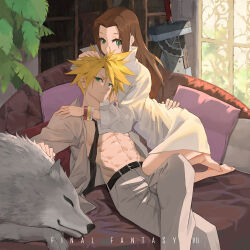 Rule 34 | 1boy, 1girl, abs, aerith gainsborough, arm around waist, bangle, belt, belt buckle, black belt, black necktie, blonde hair, bracelet, brown hair, buckle, cloud strife, coat, couch, couple, final fantasy, final fantasy vii, final fantasy vii advent children, first ken, fusion swords, green eyes, grey pants, grey shirt, hair between eyes, hand in another&#039;s hair, hetero, highres, jewelry, long hair, looking at viewer, loose necktie, mitarashi (mita), necktie, open clothes, open shirt, pants, parted bangs, plant, reclining, shirt, short hair, spiked hair, white coat, window, wolf