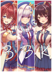 3girls :3 :d ange_katrina animal_ears animal_hair_ornament aqua_hair aqua_ribbon beret blue_eyes blue_hat blue_shorts blue_skirt blush braid breasts brown_hair closed_mouth collared_jacket colored_inner_hair colored_lapels column_lineup commentary commentary_request cowboy_shot crown_hat_ornament dog_ears dog_girl english_commentary fangs flat_chest flower frilled_skirt frills group_name hair_between_eyes hair_flower hair_intakes hair_ornament hair_ribbon hat heterochromia highres inui_toko jacket light_blush lize_helesta long_hair long_sidelocks looking_at_viewer medium_breasts medium_hair miniskirt mixed-language_commentary multicolored_hair multiple_girls neck_ribbon nijisanji one_eye_closed open_mouth pleated_skirt purple_eyes purple_ribbon red_eyes red_hair red_ribbon ribbon sanbaka_(nijisanji) sanbaka_anniversary_outfit sebastian_piyodore short_sleeves shorts sidelocks single_hair_intake skirt small_breasts smile split_mouth streaked_hair t_k tassel teeth triangle_hair_ornament two-tone_hair upper_teeth_only very_long_hair virtual_youtuber white_hair white_jacket yellow_eyes