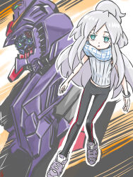Rule 34 | 1980s (style), 1girl, blue eyes, commentary request, deux murasame, extra eyes, gundam, gundam gquuuuuux, highres, looking at viewer, machinery, marker (medium), mecha, mobile suit, mukago, oldschool, psycho gundam (gquuuuuux), retro artstyle, robot, scan, scarf, science fiction, shoes, sketch, sneakers, traditional media, upper body, v-fin, white hair