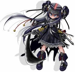 argent_ephemeral armor armored_boots armored_dress blue_eyes boots child dress erosnochou expressionless frilled_dress frilled_socks frills hair_ornament headgear iono_the_fanatics long_hair robot_girl shoes simple_background skirt socks sword tagme weapon white_hair
